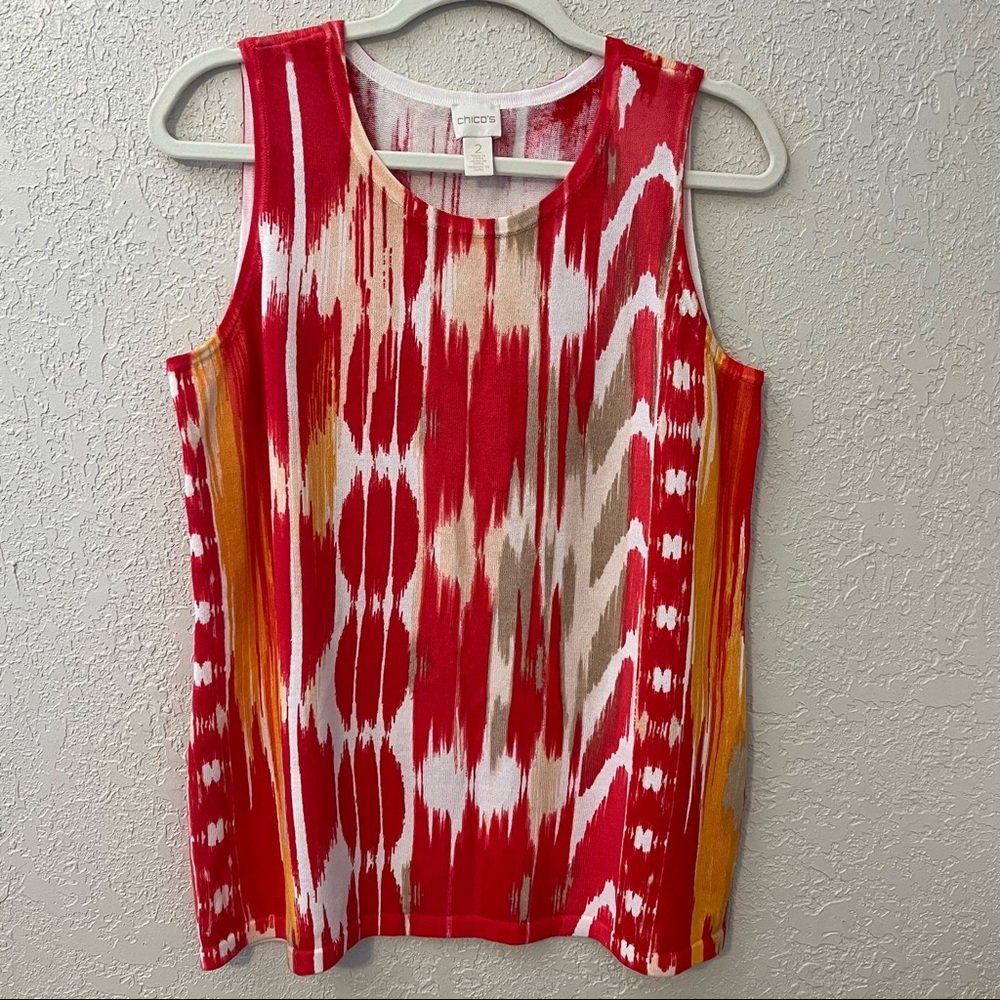 Chico’s women’s jersey knit tank top, 2(U.S. L/12) , orange coral abstract print
